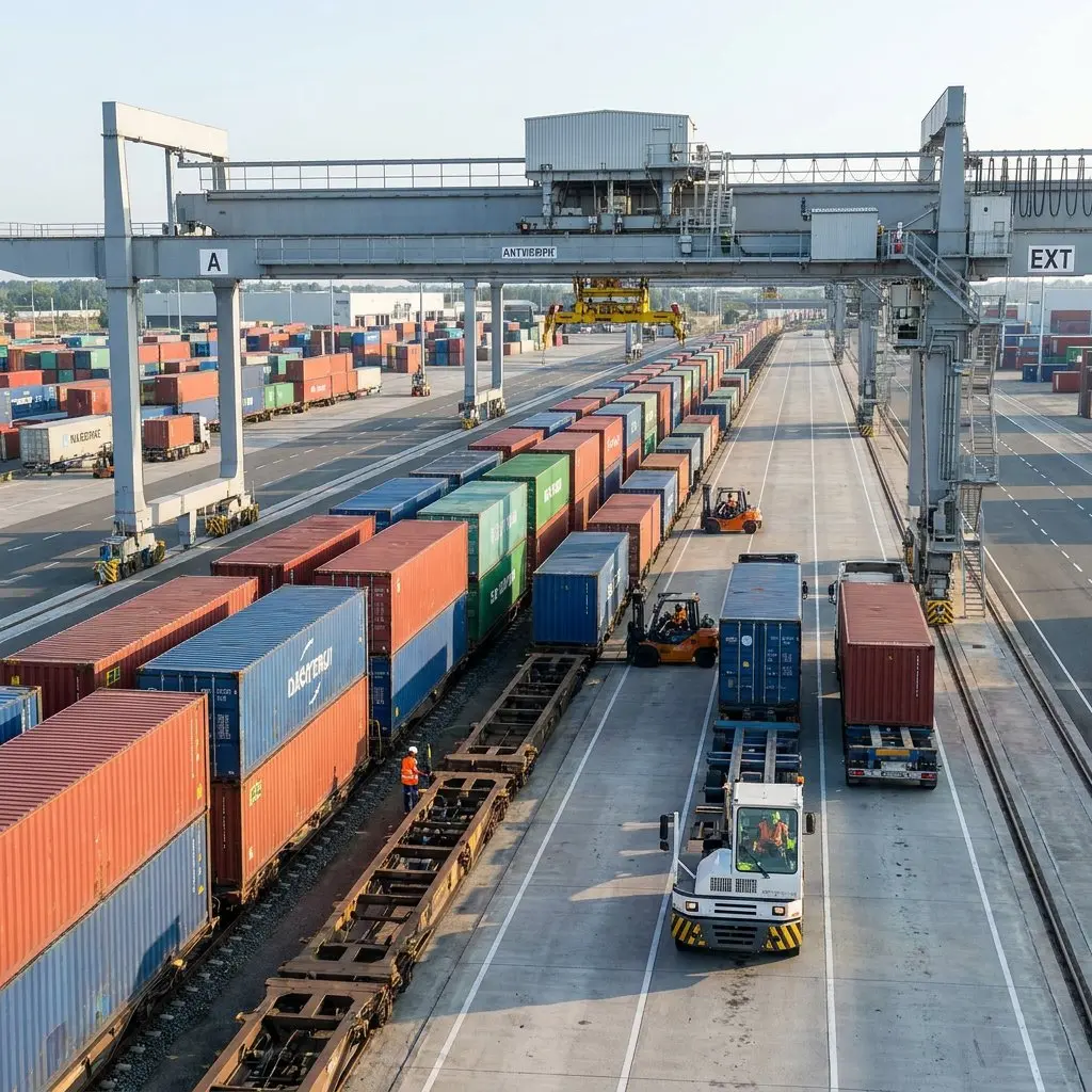 Rail container terminal under gantry cranes, where a reach stacker loads containers onto a freight train while a forklift, trucks and service vans work alongside.